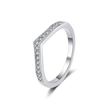 V-Shaped Round Moissanite Wedding Band in white gold-plated S925 sterling silver on clean white background