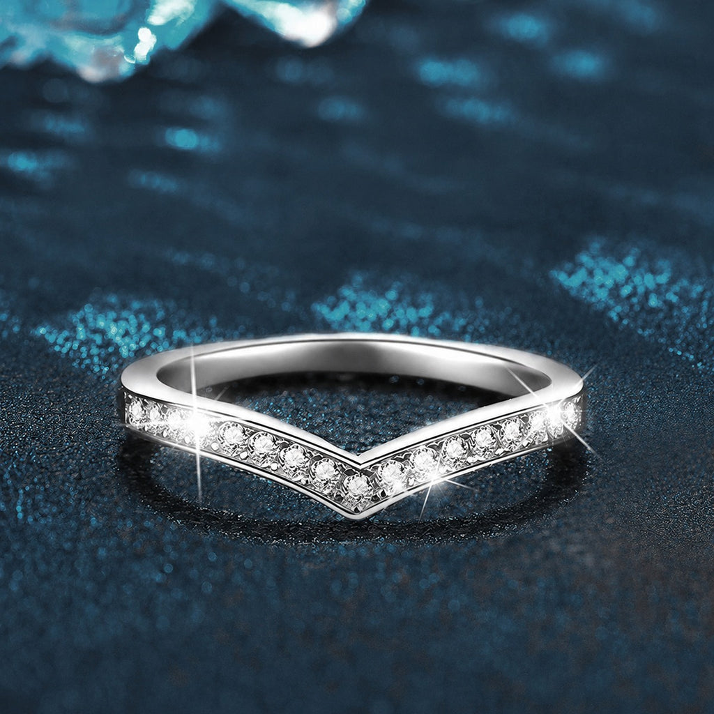 V-Shaped Round Moissanite Wedding Band close-up detail view with moissanite sparkle
