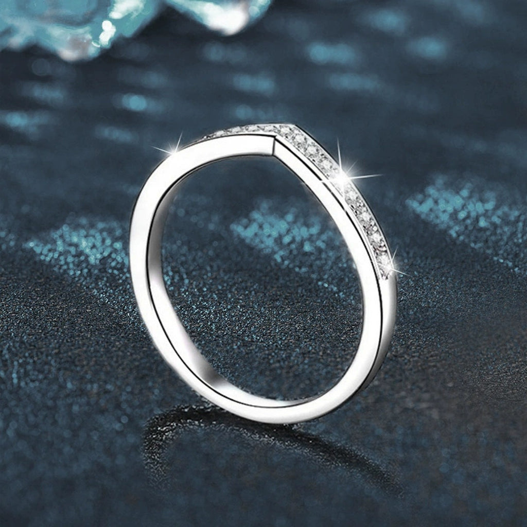 V-Shaped Round Moissanite Wedding Band close-up detail view with moissanite sparkle