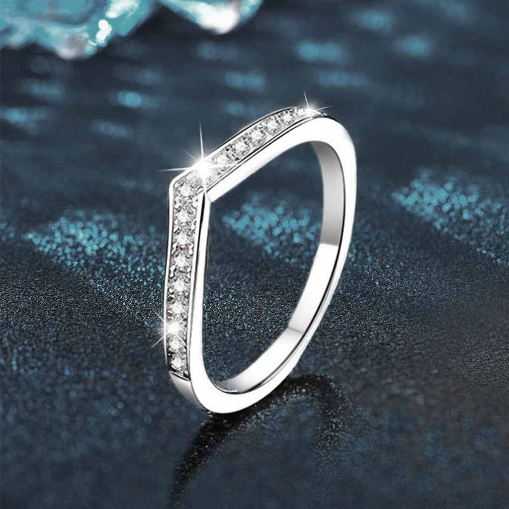 V-Shaped Round Moissanite Wedding Band close-up detail view with moissanite sparkle