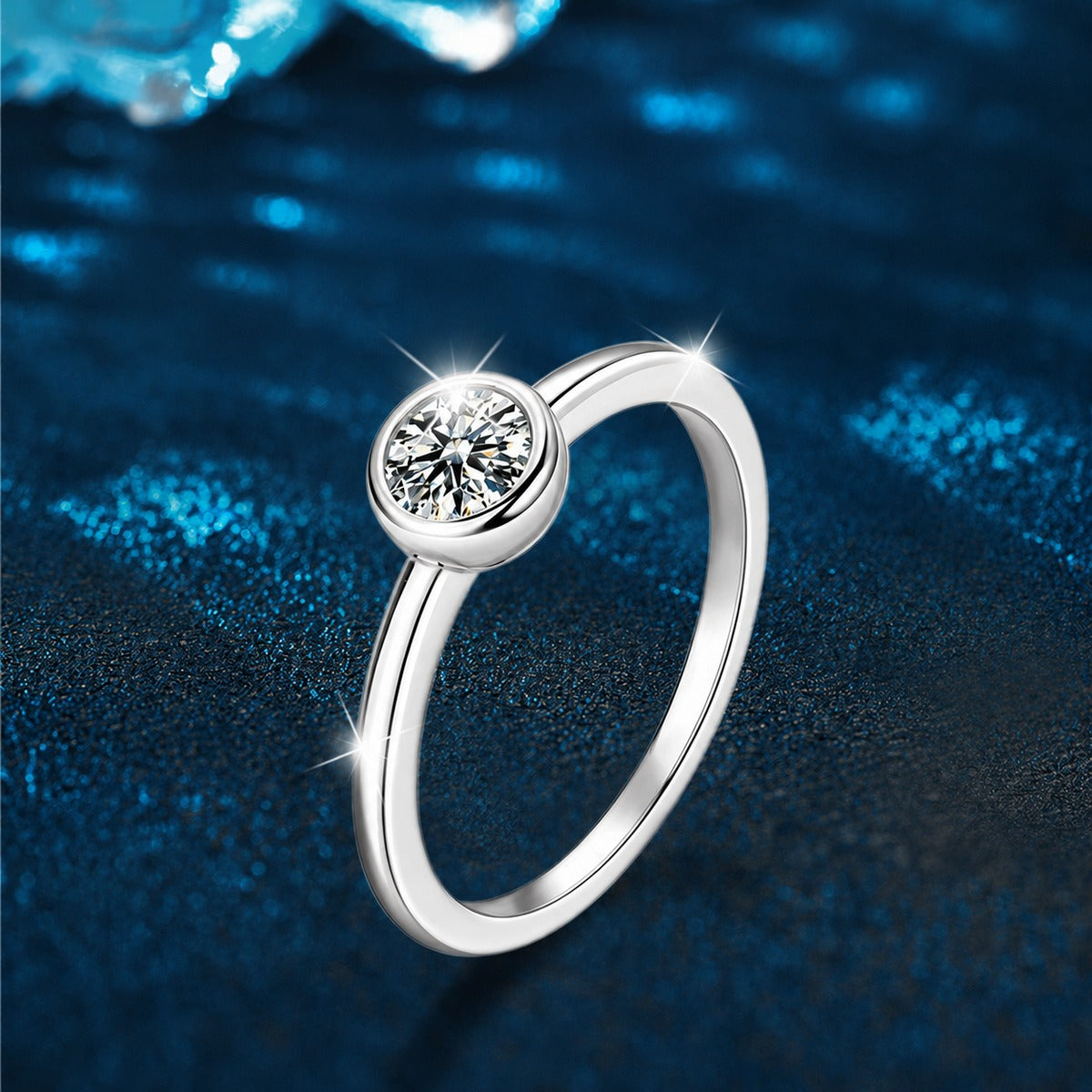 Bezel Round Moissanite Wedding Ring close-up detail view with moissanite sparkle