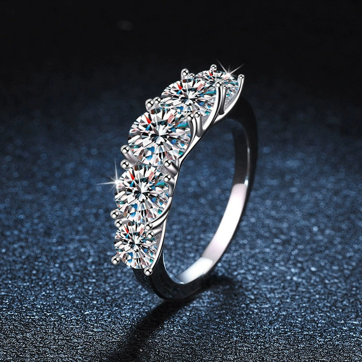 Five-Stone Graduated Round Moissanite Wedding Ring close-up detail view with moissanite sparkle