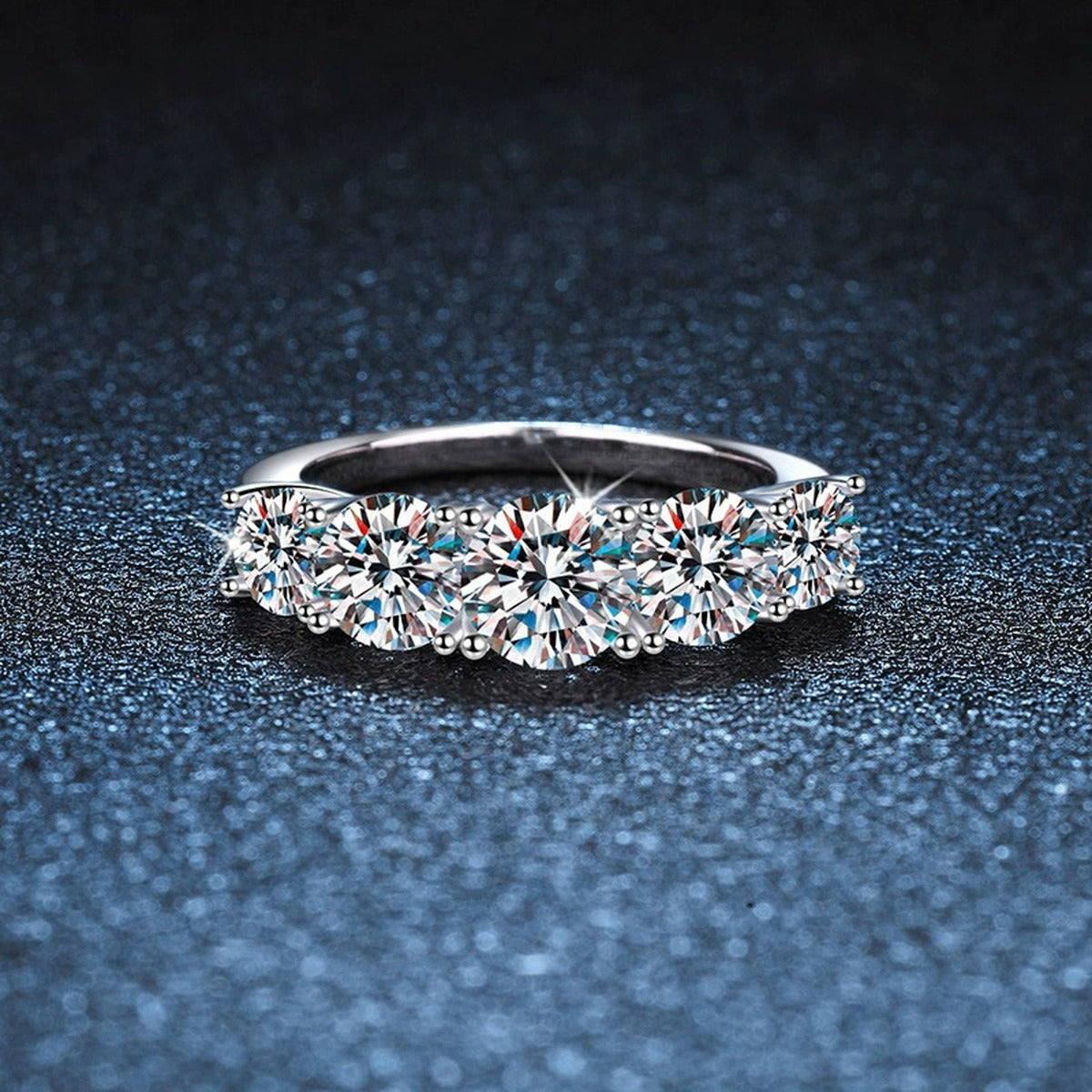 Five-Stone Graduated Round Moissanite Wedding Ring close-up detail view with moissanite sparkle