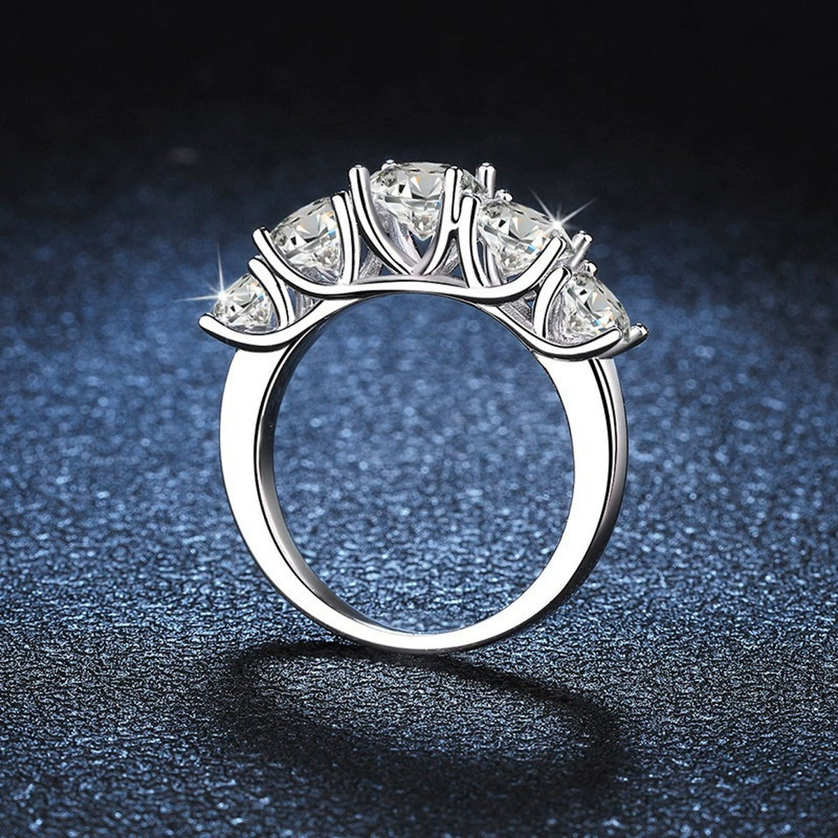 Five-Stone Graduated Round Moissanite Wedding Ring close-up detail view with moissanite sparkle