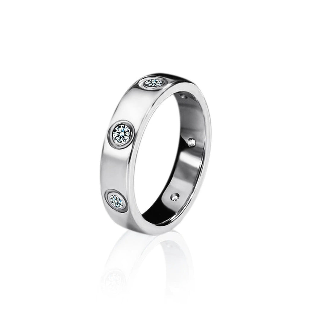 Bezel-Set Round Moissanite Wide Wedding Band in white gold-plated S925 sterling silver on clean white background
