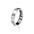 Bezel-Set Round Moissanite Wide Wedding Band in white gold-plated S925 sterling silver on clean white background