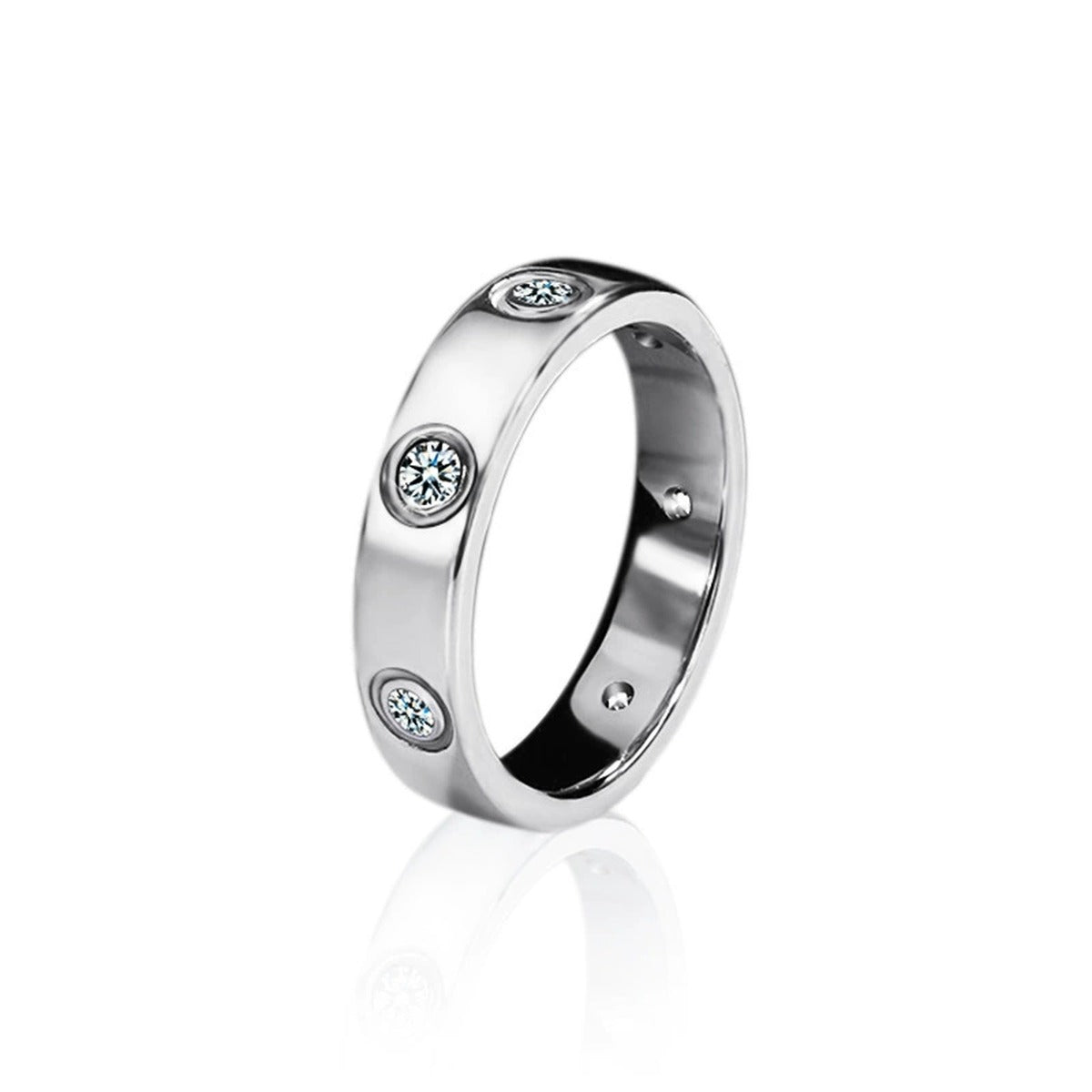 Bezel-Set Round Moissanite Wide Wedding Band in white gold-plated S925 sterling silver on clean white background