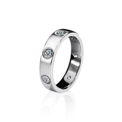 Bezel-Set Round Moissanite Wide Wedding Band in white gold-plated S925 sterling silver on clean white background