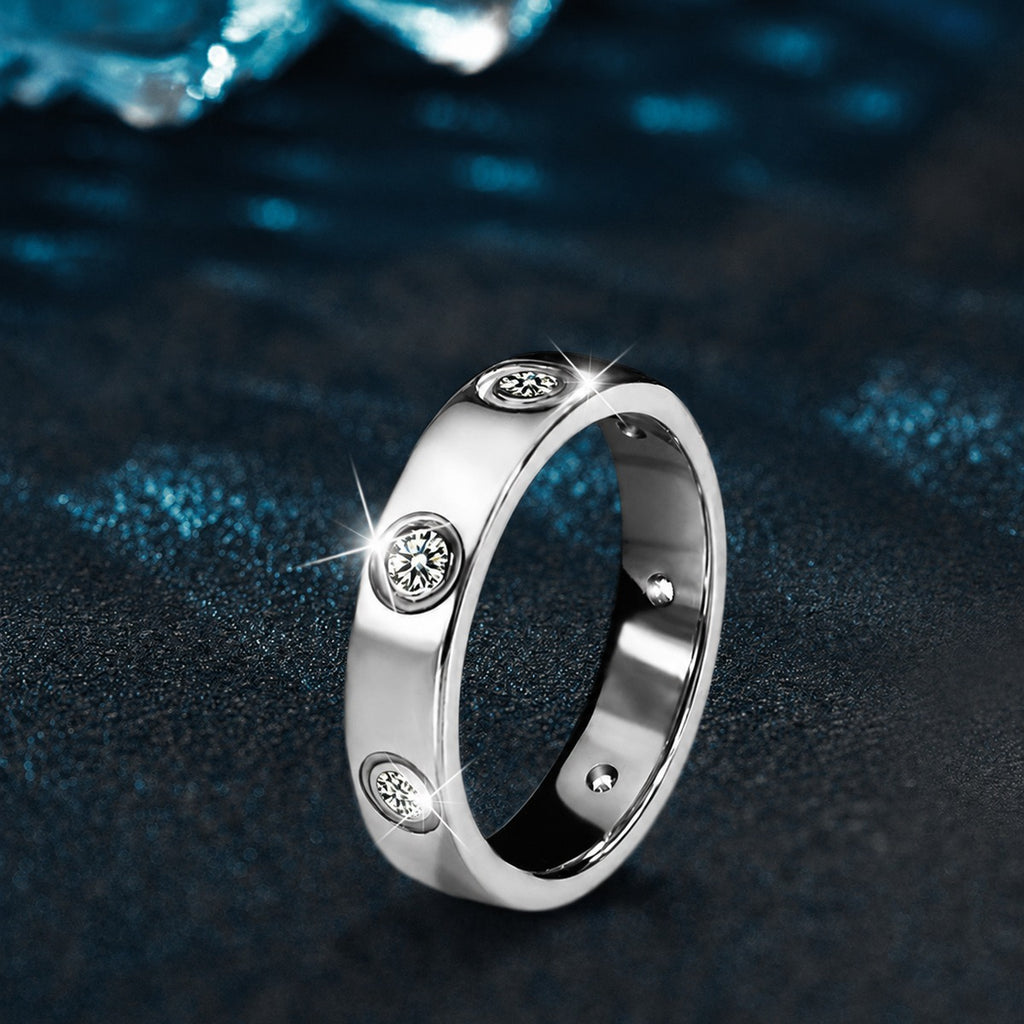 Bezel-Set Round Moissanite Wide Wedding Band close-up detail view with moissanite sparkle