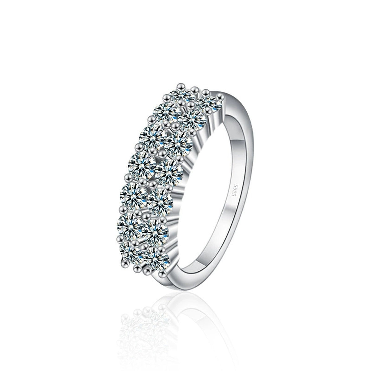 Multi-Row Round Moissanite Anniversary Ring in white gold-plated S925 sterling silver on clean white background