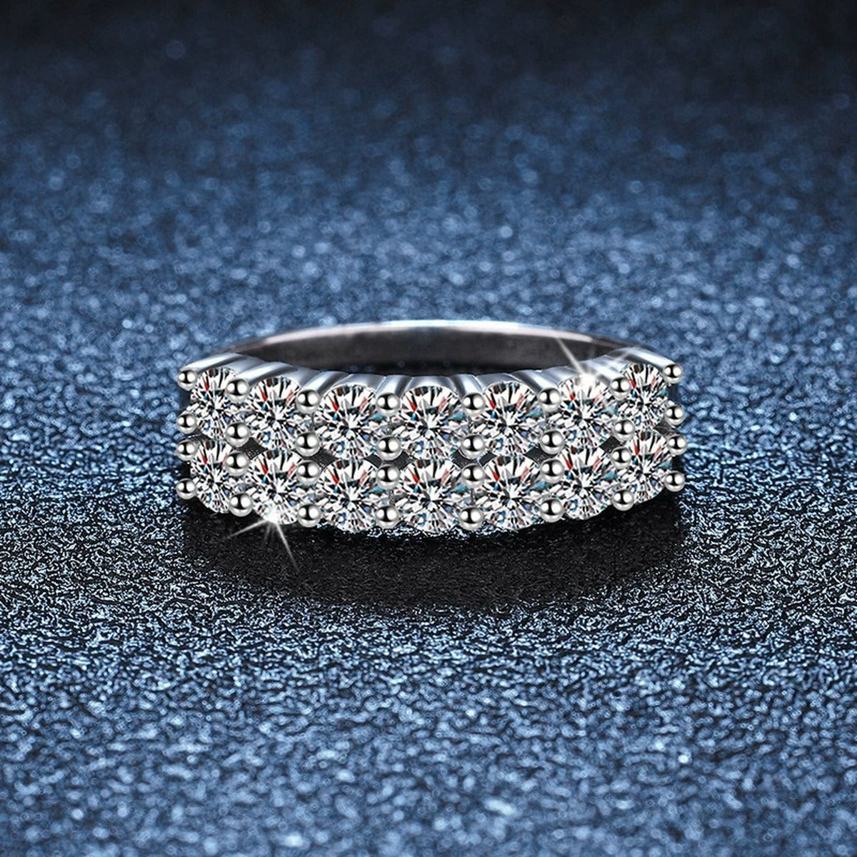 Multi-Row Round Moissanite Anniversary Ring close-up detail view with moissanite sparkle