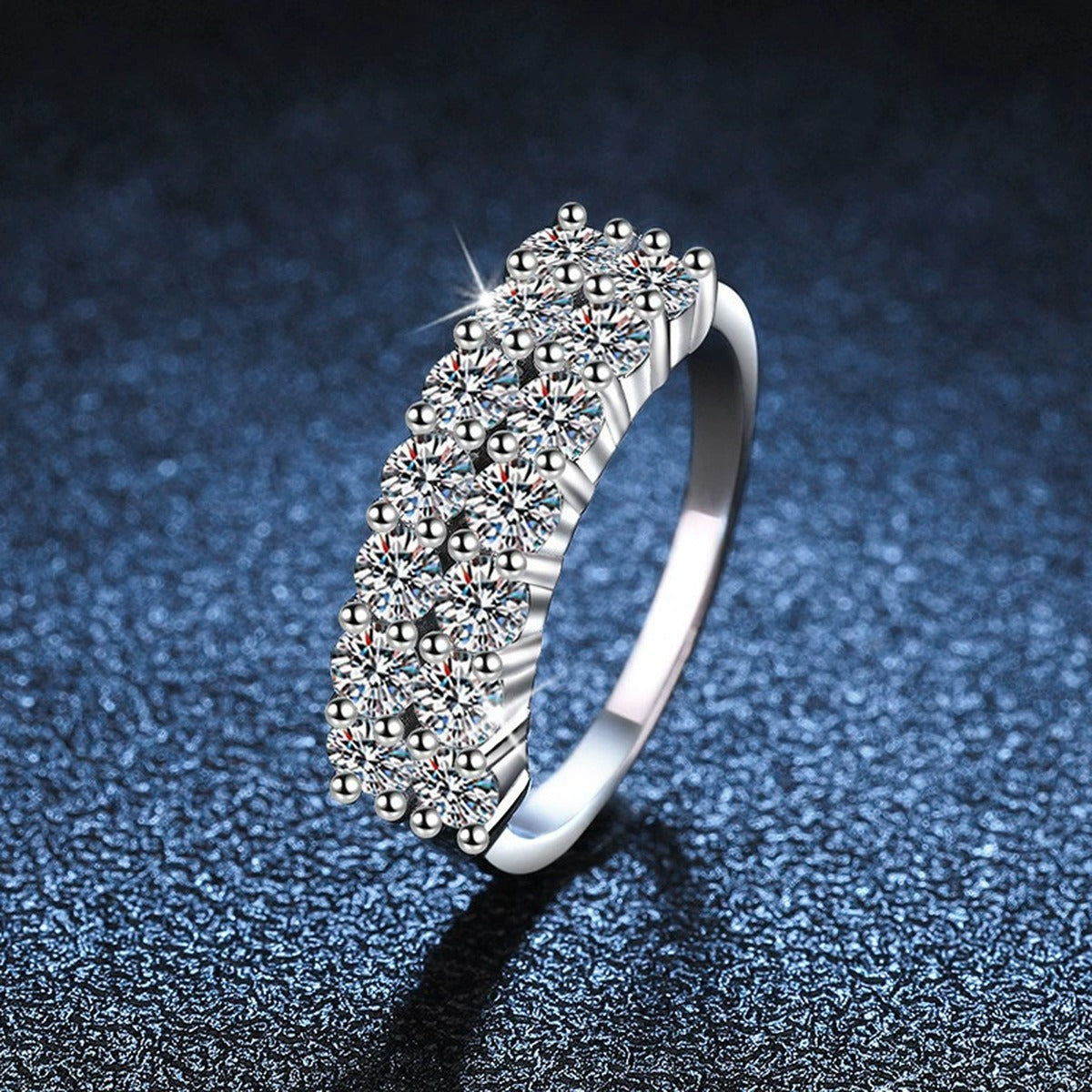 Multi-Row Round Moissanite Anniversary Ring close-up detail view with moissanite sparkle