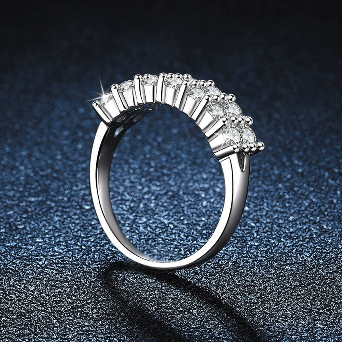 Multi-Row Round Moissanite Anniversary Ring close-up detail view with moissanite sparkle