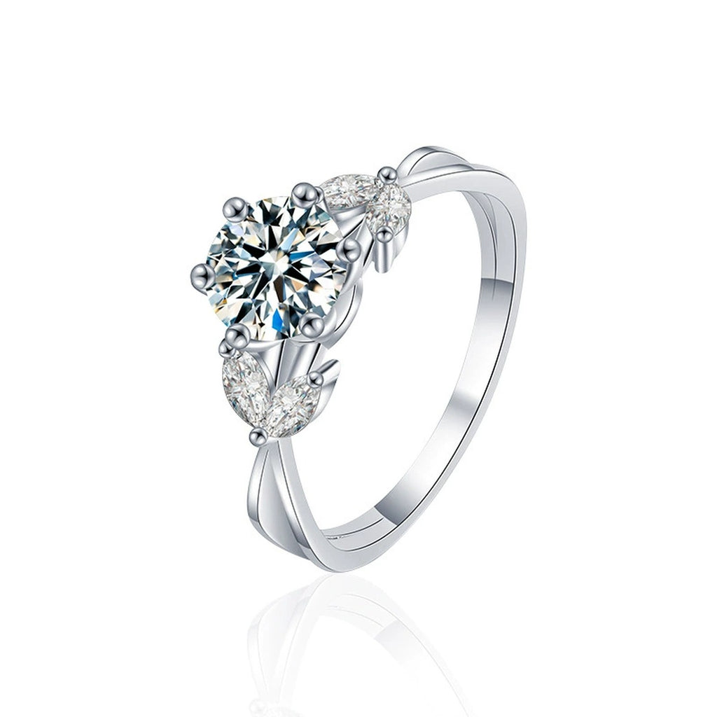 Floral Six-Prong Round Moissanite Engagement Ring with CZ in white gold-plated S925 sterling silver on clean white background