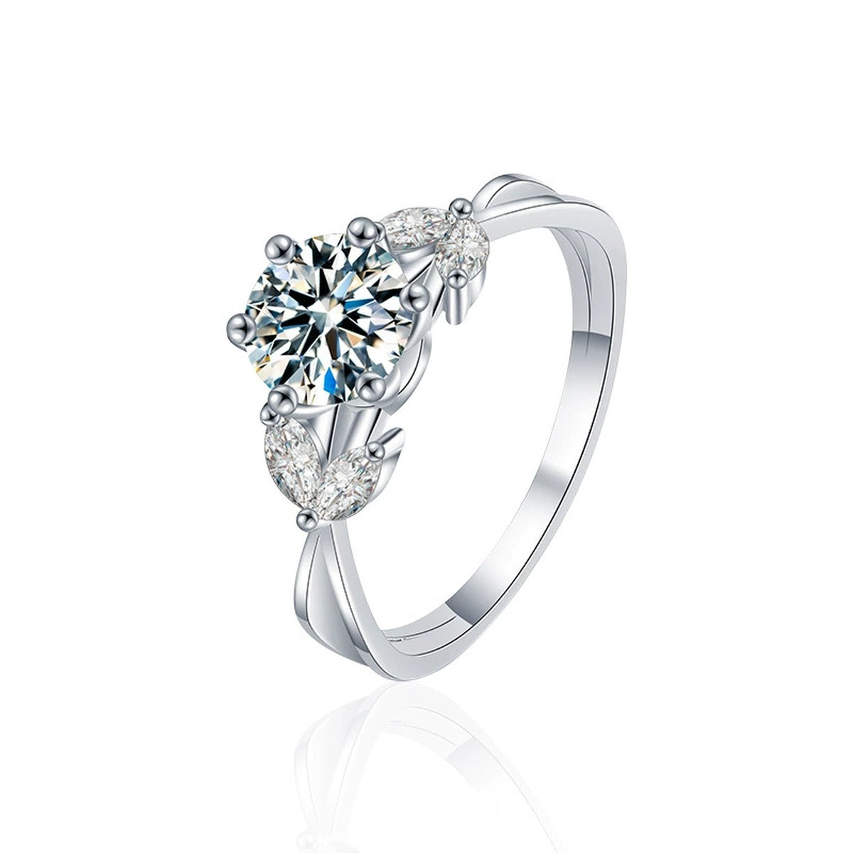 Floral Six-Prong Round Moissanite Engagement Ring with CZ in white gold-plated S925 sterling silver on clean white background