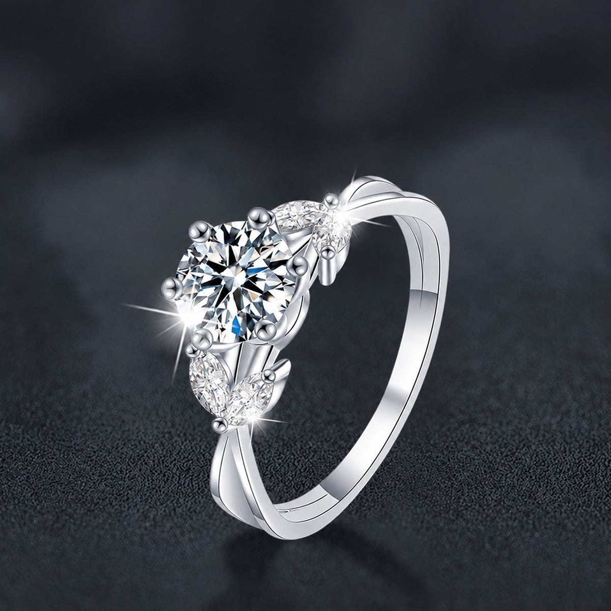 Floral Six-Prong Round Moissanite Engagement Ring with CZ close-up detail view with moissanite sparkle