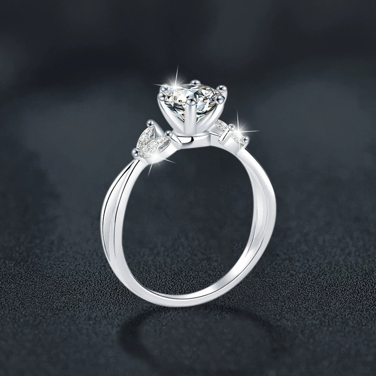 Floral Six-Prong Round Moissanite Engagement Ring with CZ close-up detail view with moissanite sparkle