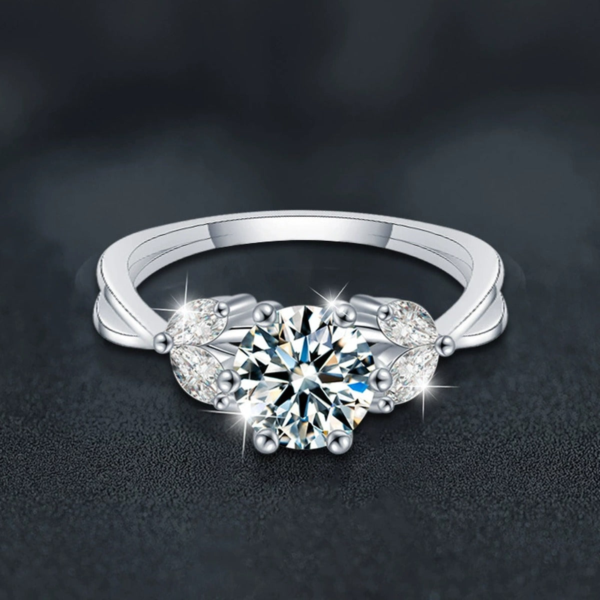 Floral Six-Prong Round Moissanite Engagement Ring with CZ close-up detail view with moissanite sparkle