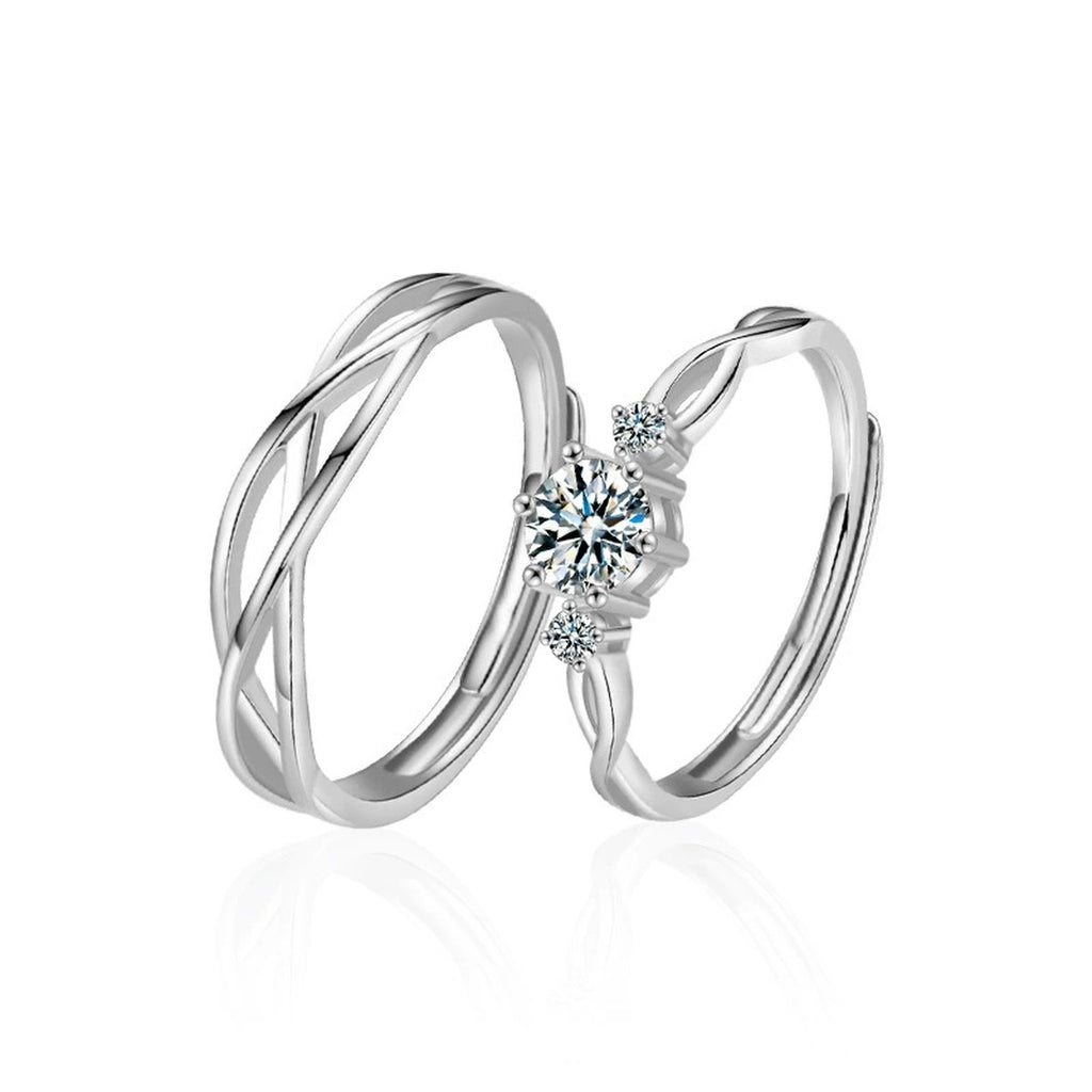 Interlaced Couples Adjustable Wedding Rings in white gold-plated S925 sterling silver on clean white background