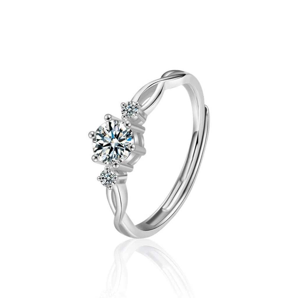 Interlaced Couples Adjustable Wedding Rings in white gold-plated S925 sterling silver on clean white background