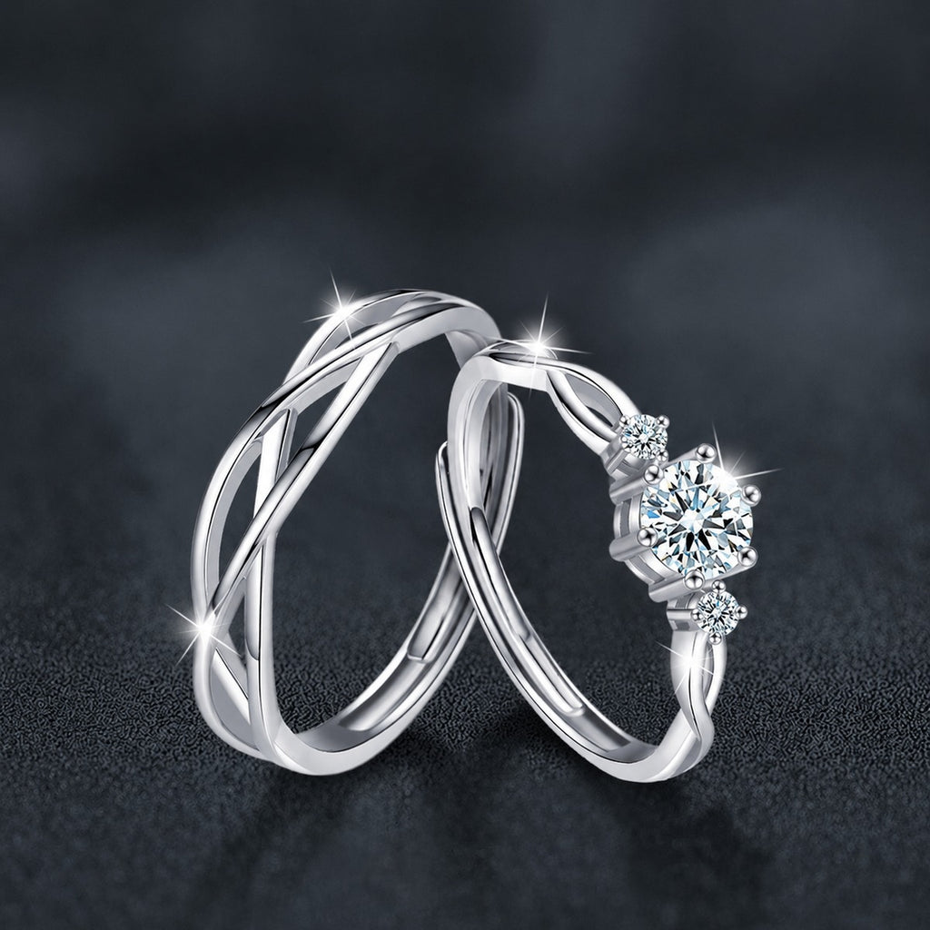 Interlaced Couples Adjustable Wedding Rings close-up detail view with moissanite sparkle