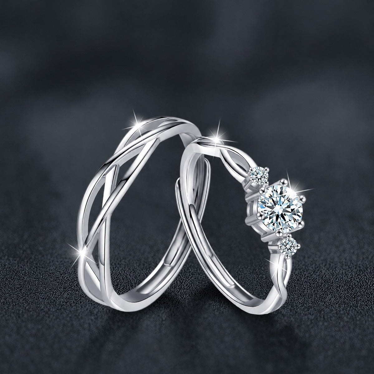 Interlaced Couples Adjustable Wedding Rings close-up detail view with moissanite sparkle