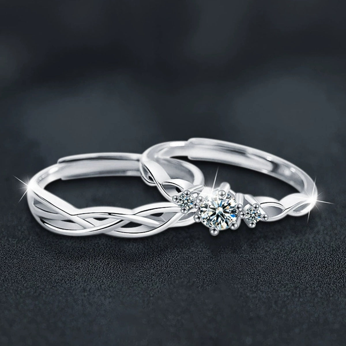 Interlaced Couples Adjustable Wedding Rings close-up detail view with moissanite sparkle