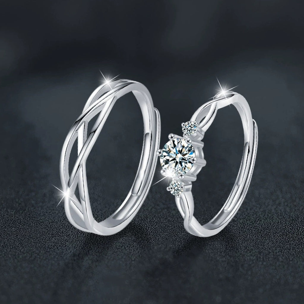Interlaced Couples Adjustable Wedding Rings close-up detail view with moissanite sparkle