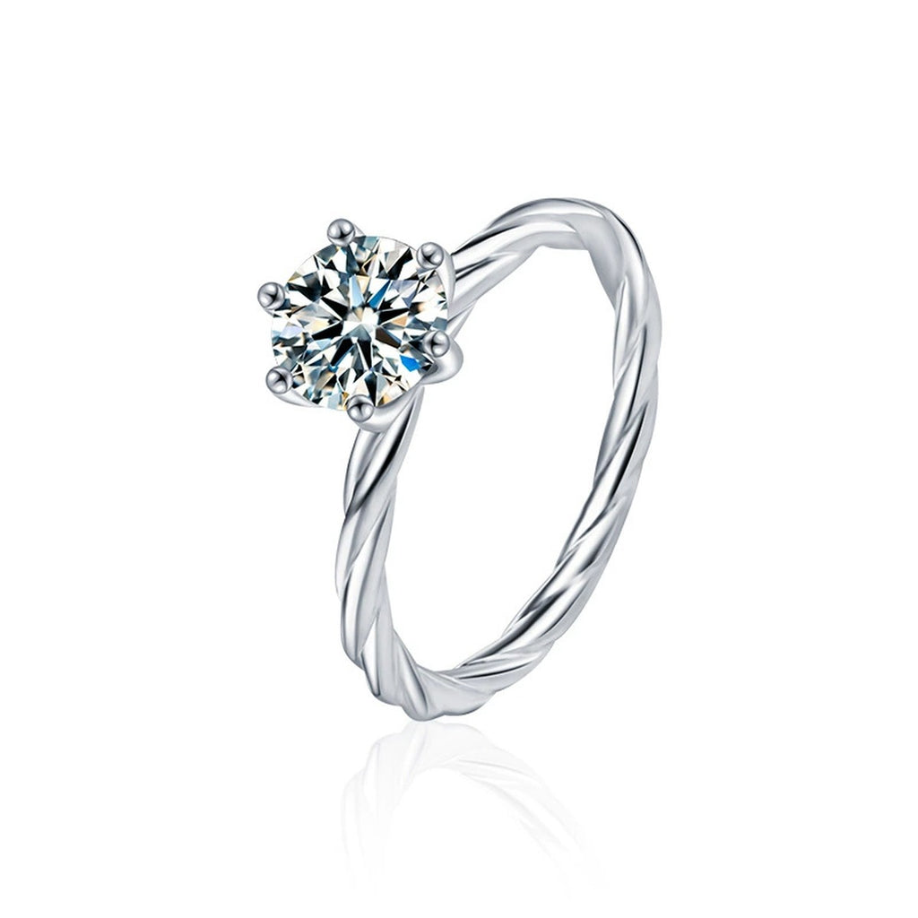 Six-Prong Round Moissanite Twist Engagement Ring in white gold-plated S925 sterling silver on clean white background