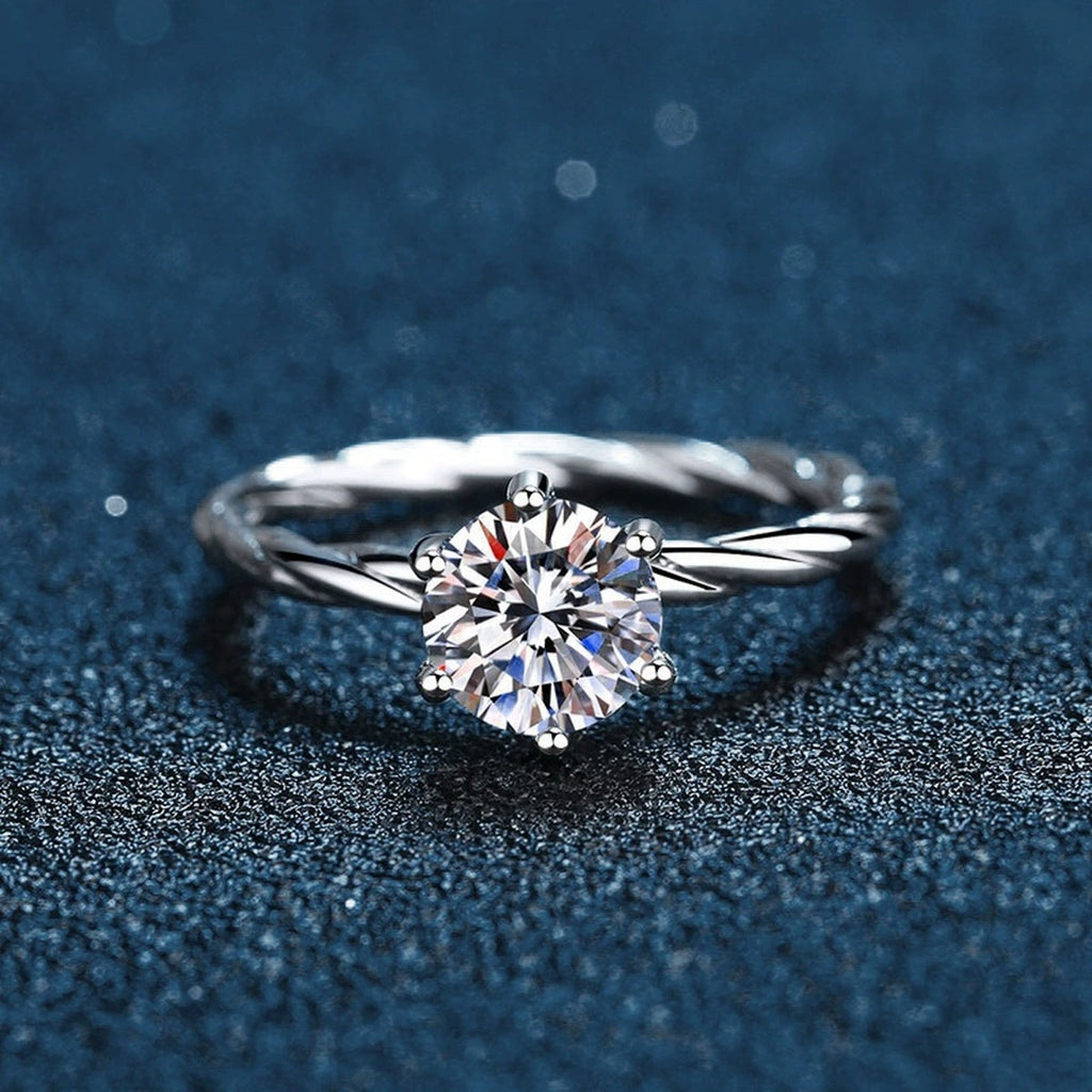 Six-Prong Round Moissanite Twist Engagement Ring close-up detail view with moissanite sparkle