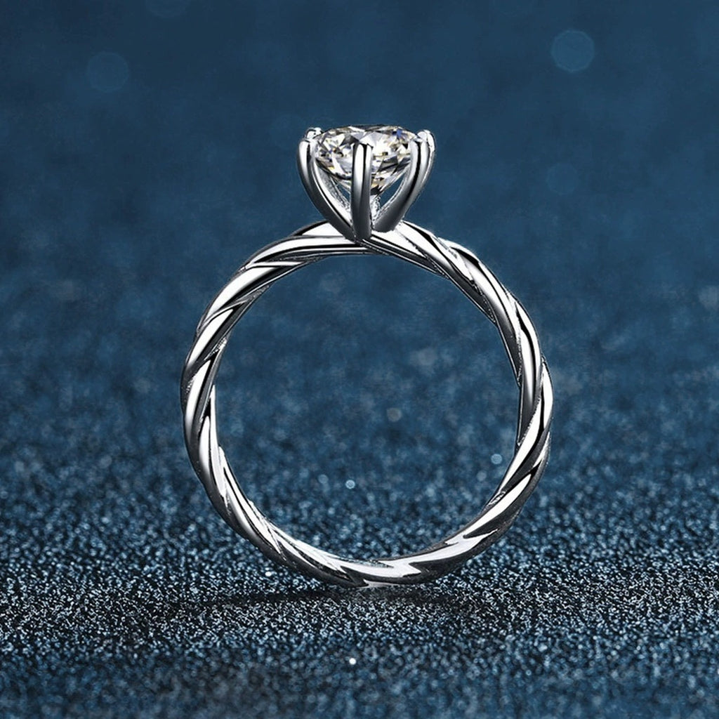 Six-Prong Round Moissanite Twist Engagement Ring close-up detail view with moissanite sparkle