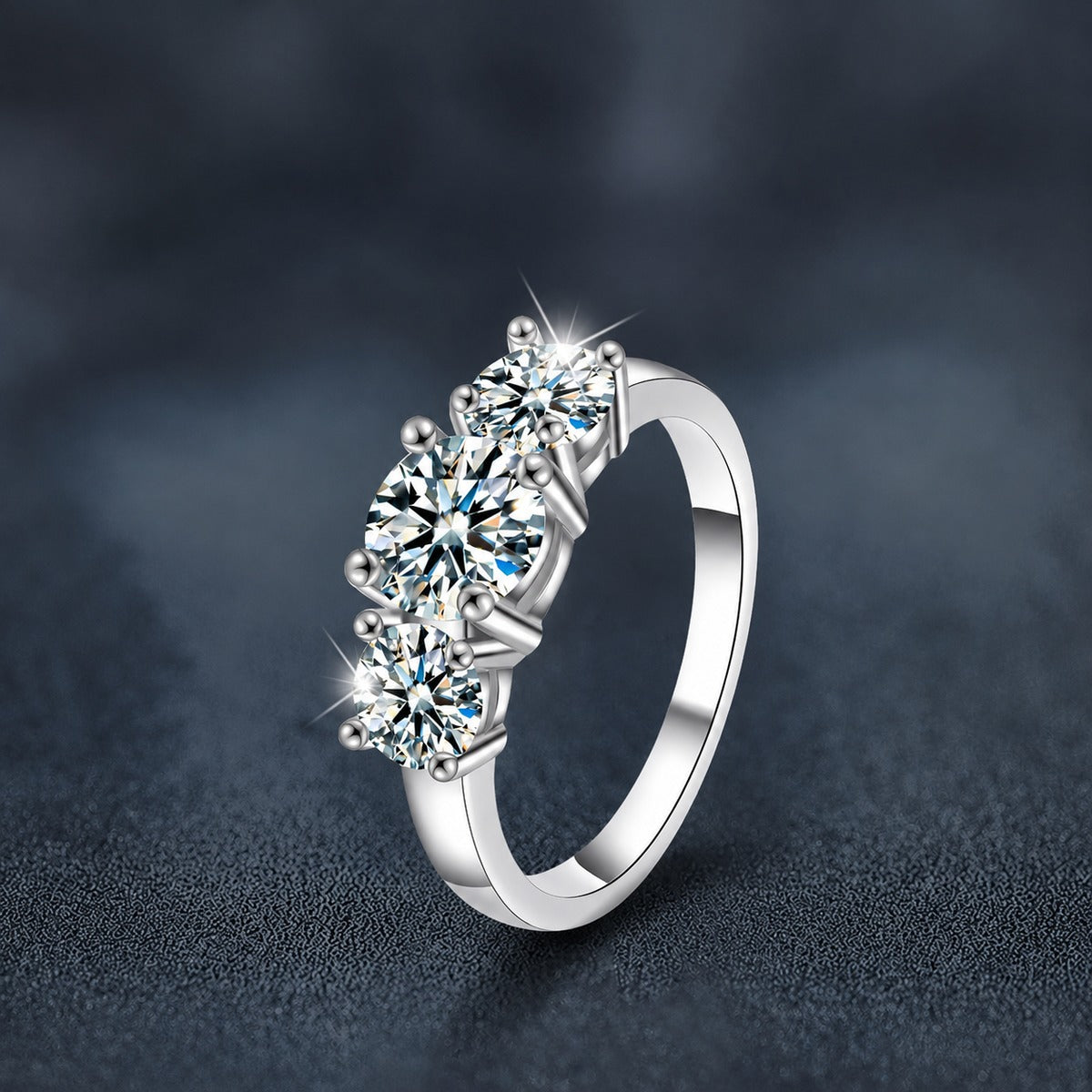 Five-Stone Round Moissanite Engagement Ring with CZ close-up detail view with moissanite sparkle
