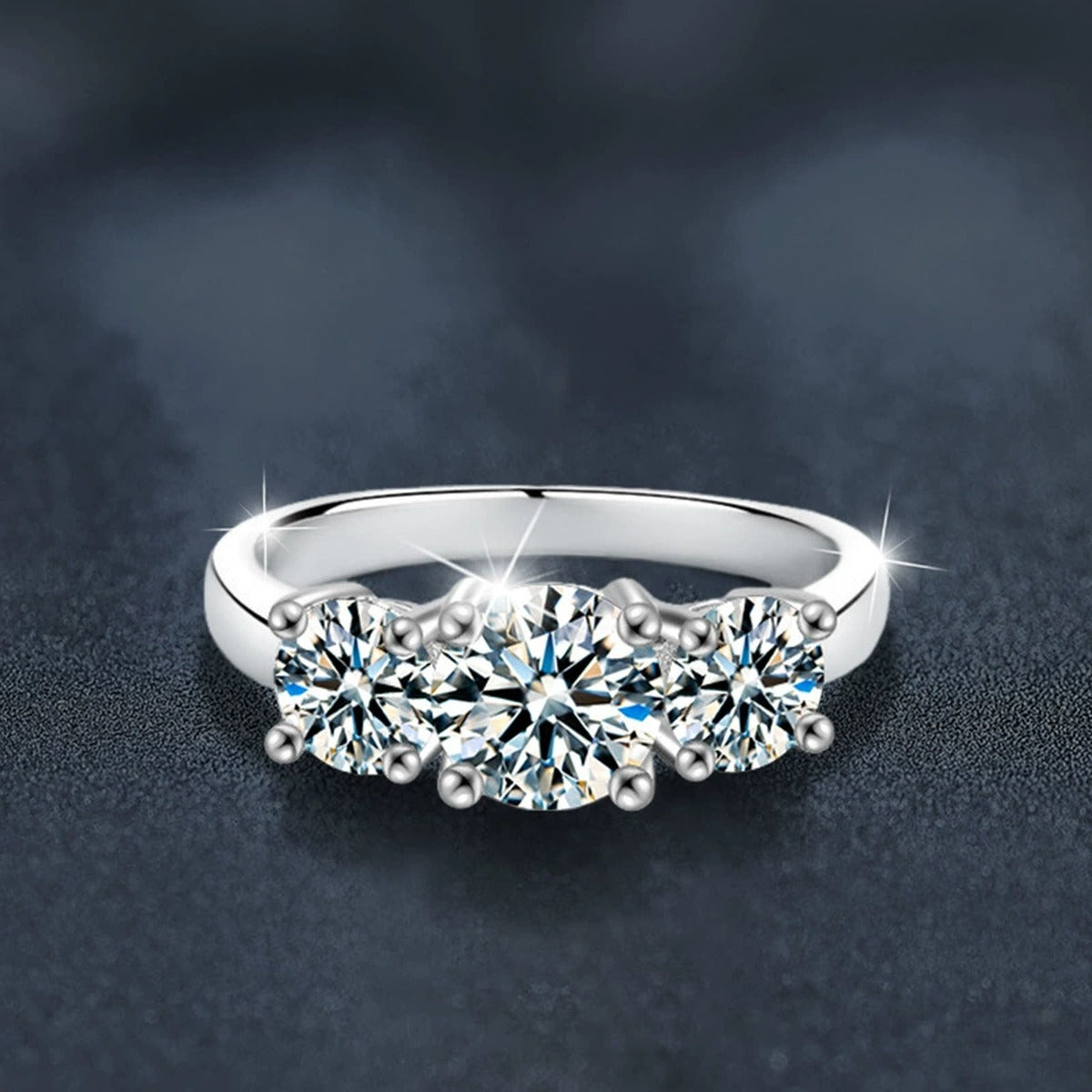 Five-Stone Round Moissanite Engagement Ring with CZ close-up detail view with moissanite sparkle