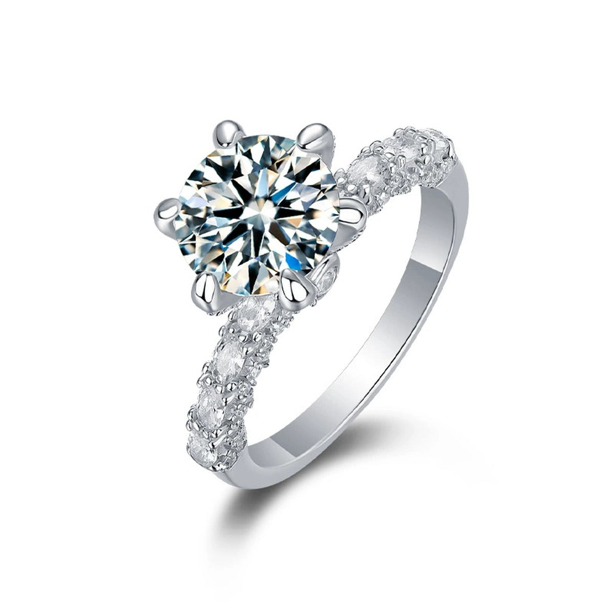 Six-Prong Round Moissanite Engagement Ring with CZ in white gold-plated S925 sterling silver on clean white background