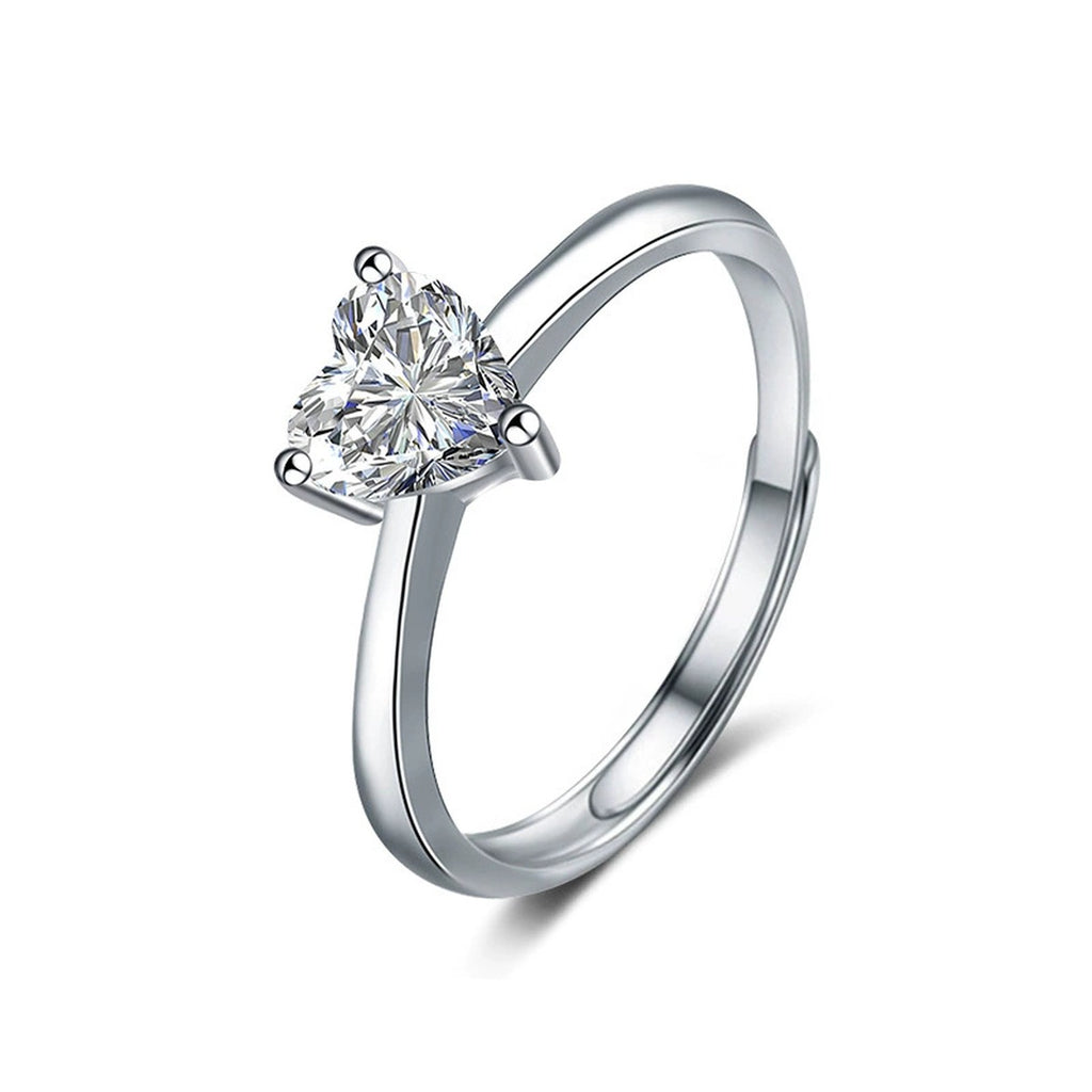 Three-Prong Heart Cut Moissanite Adjustable Engagement Ring in white gold-plated S925 sterling silver on clean white background