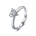 Three-Prong Heart Cut Moissanite Adjustable Engagement Ring in white gold-plated S925 sterling silver on clean white background