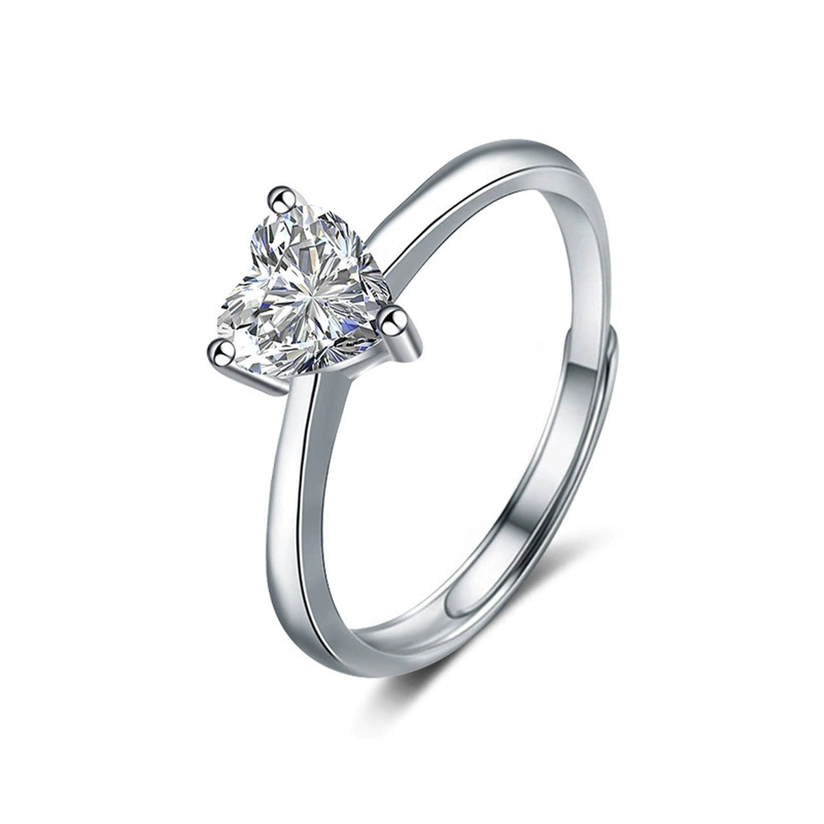 Three-Prong Heart Cut Moissanite Adjustable Engagement Ring in white gold-plated S925 sterling silver on clean white background