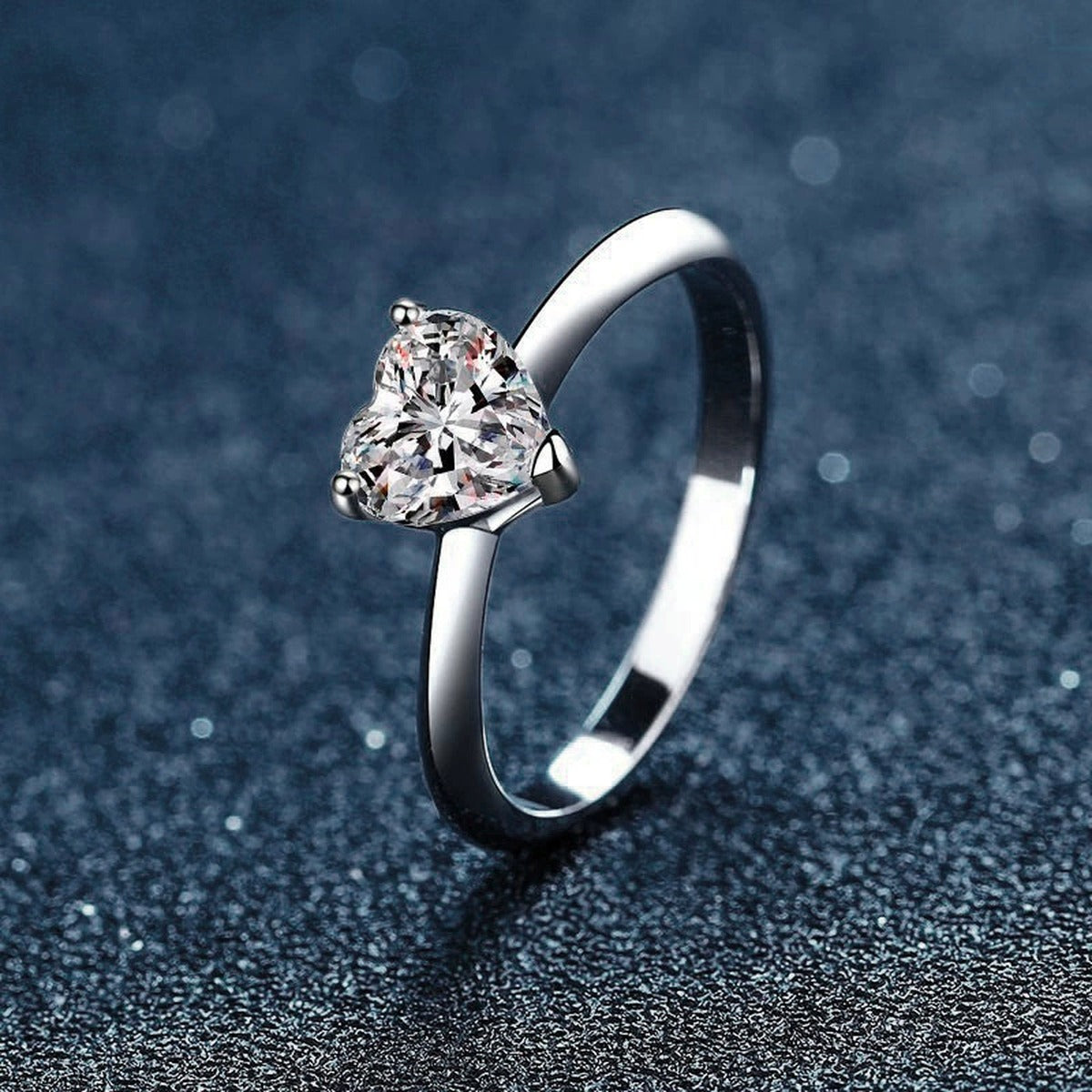 Three-Prong Heart Cut Moissanite Adjustable Engagement Ring close-up detail view with moissanite sparkle