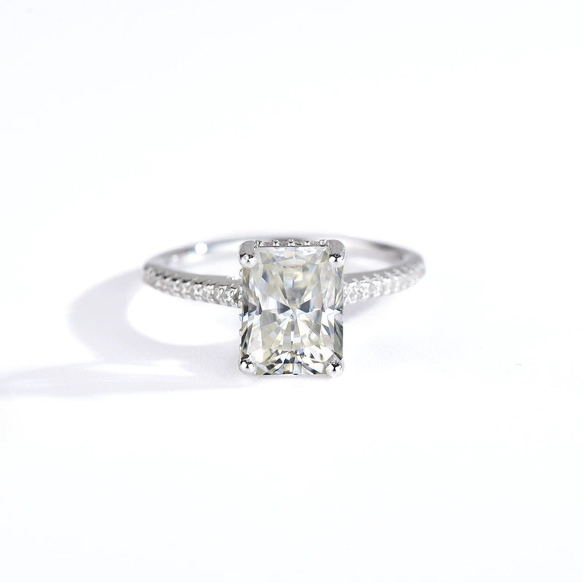 Radiant Cut Moissanite Engagement Ring with CZ in white gold-plated S925 sterling silver on clean white background