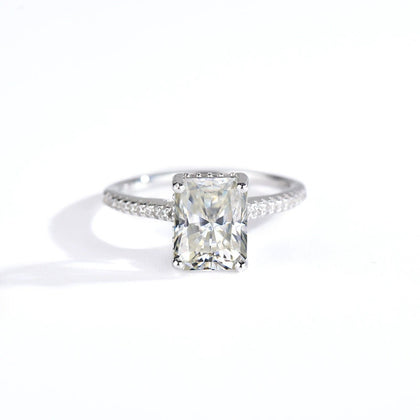 Radiant Cut Moissanite Engagement Ring with CZ in white gold-plated S925 sterling silver on clean white background