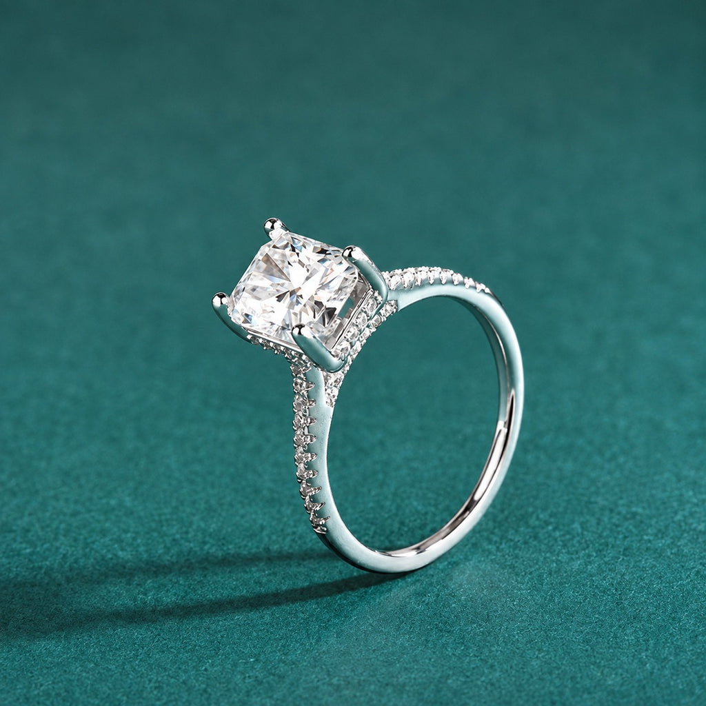 Radiant Cut Moissanite Engagement Ring with CZ close-up detail view with moissanite sparkle