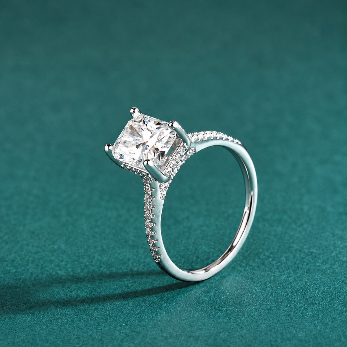 Radiant Cut Moissanite Engagement Ring with CZ close-up detail view with moissanite sparkle