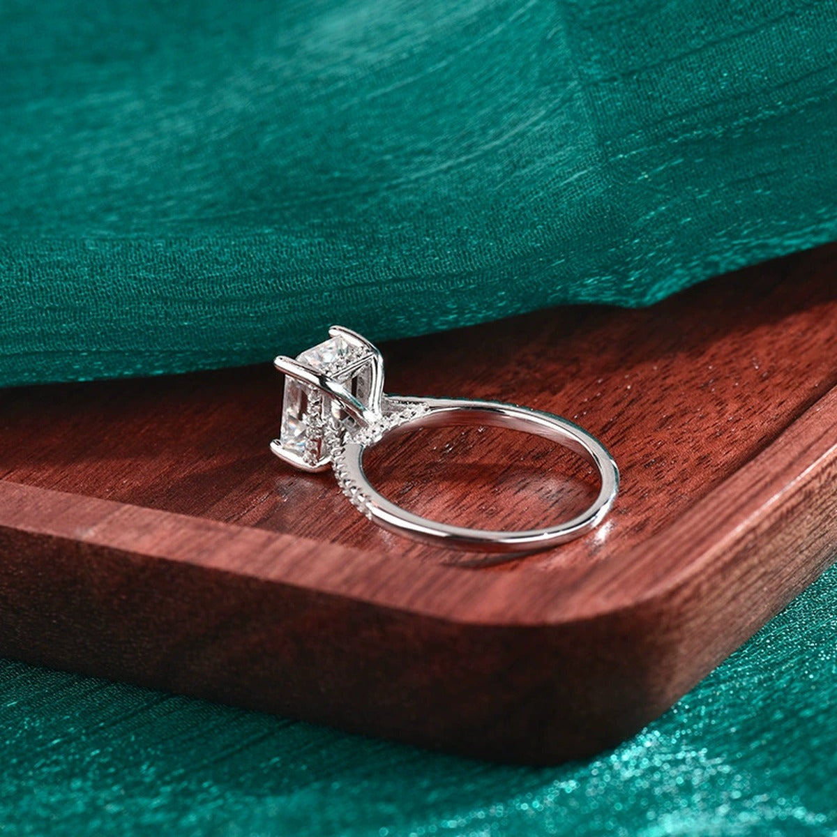 Radiant Cut Moissanite Engagement Ring with CZ close-up detail view with moissanite sparkle