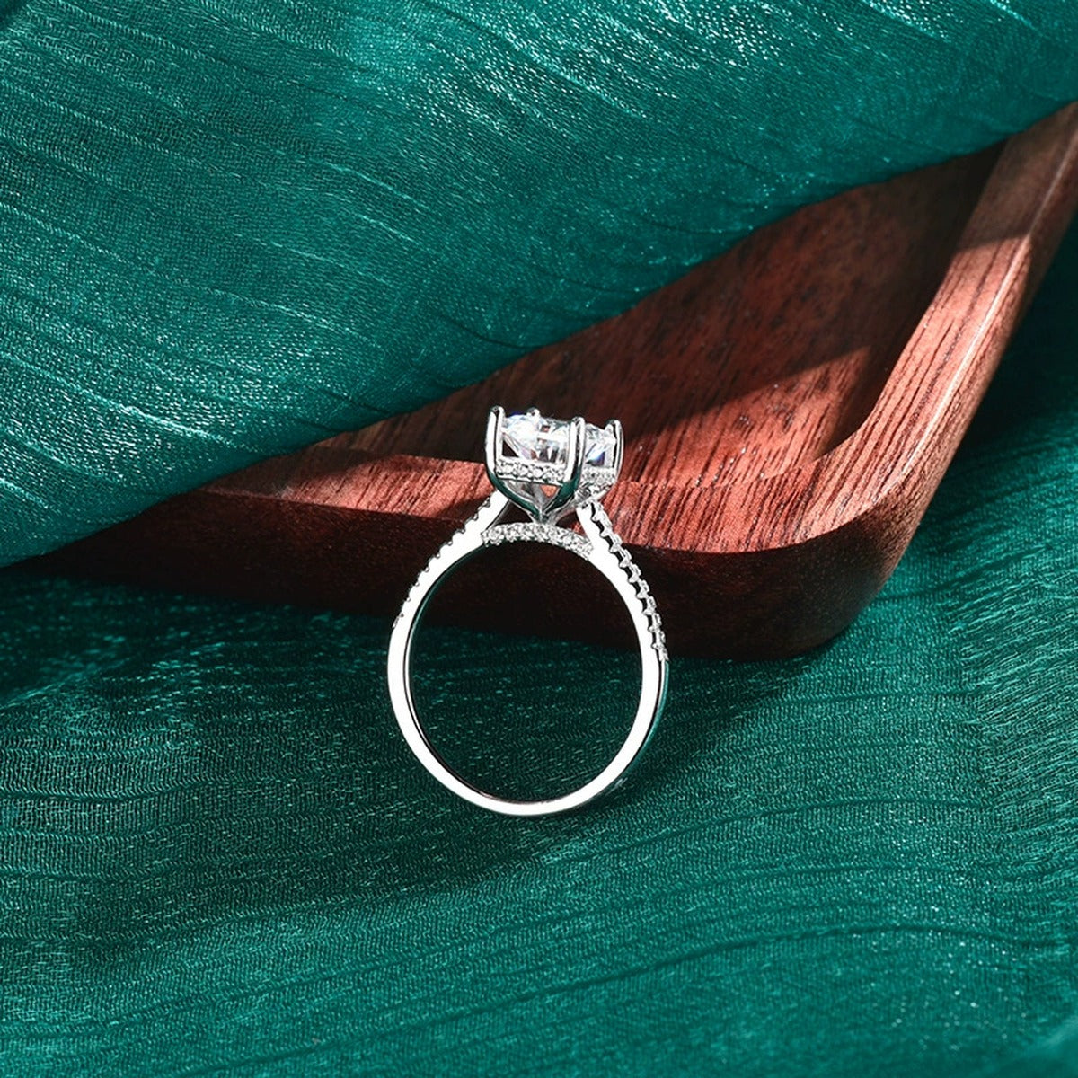 Radiant Cut Moissanite Engagement Ring with CZ close-up detail view with moissanite sparkle