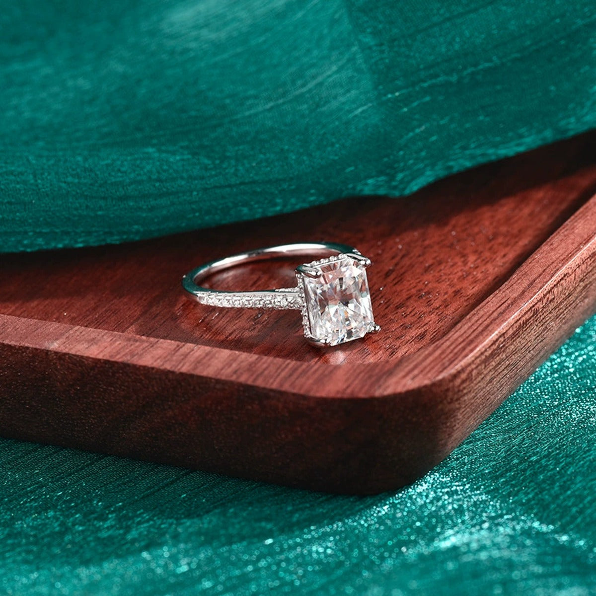 Radiant Cut Moissanite Engagement Ring with CZ close-up detail view with moissanite sparkle