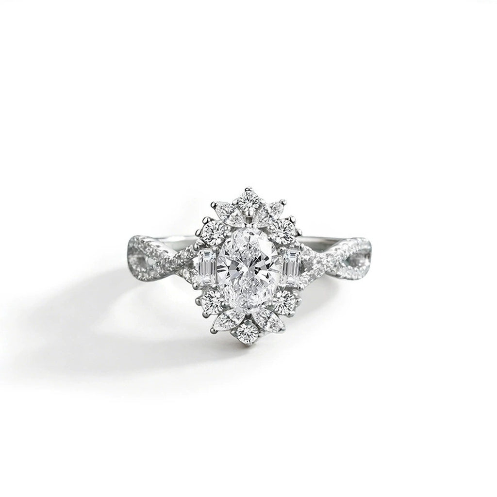 Oval Cut Moissanite Floral Engagement Ring with CZ in white gold-plated S925 sterling silver on clean white background