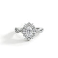 Oval Cut Moissanite Floral Engagement Ring with CZ in white gold-plated S925 sterling silver on clean white background