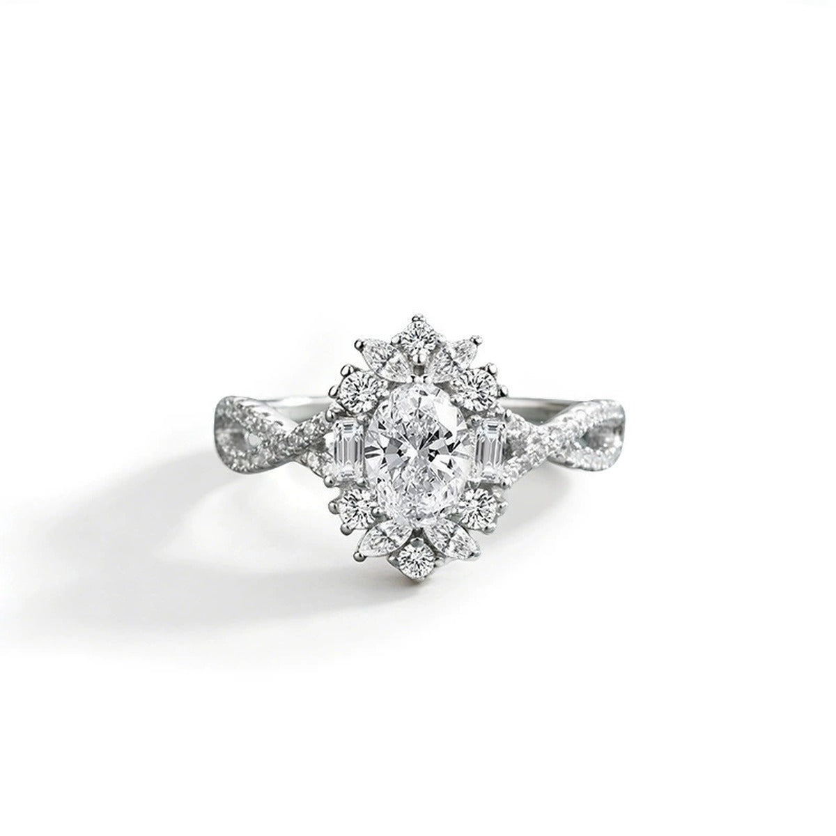 Oval Cut Moissanite Floral Engagement Ring with CZ in white gold-plated S925 sterling silver on clean white background