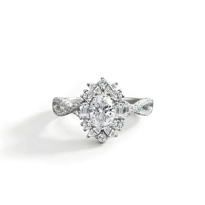 Oval Cut Moissanite Floral Engagement Ring with CZ in white gold-plated S925 sterling silver on clean white background