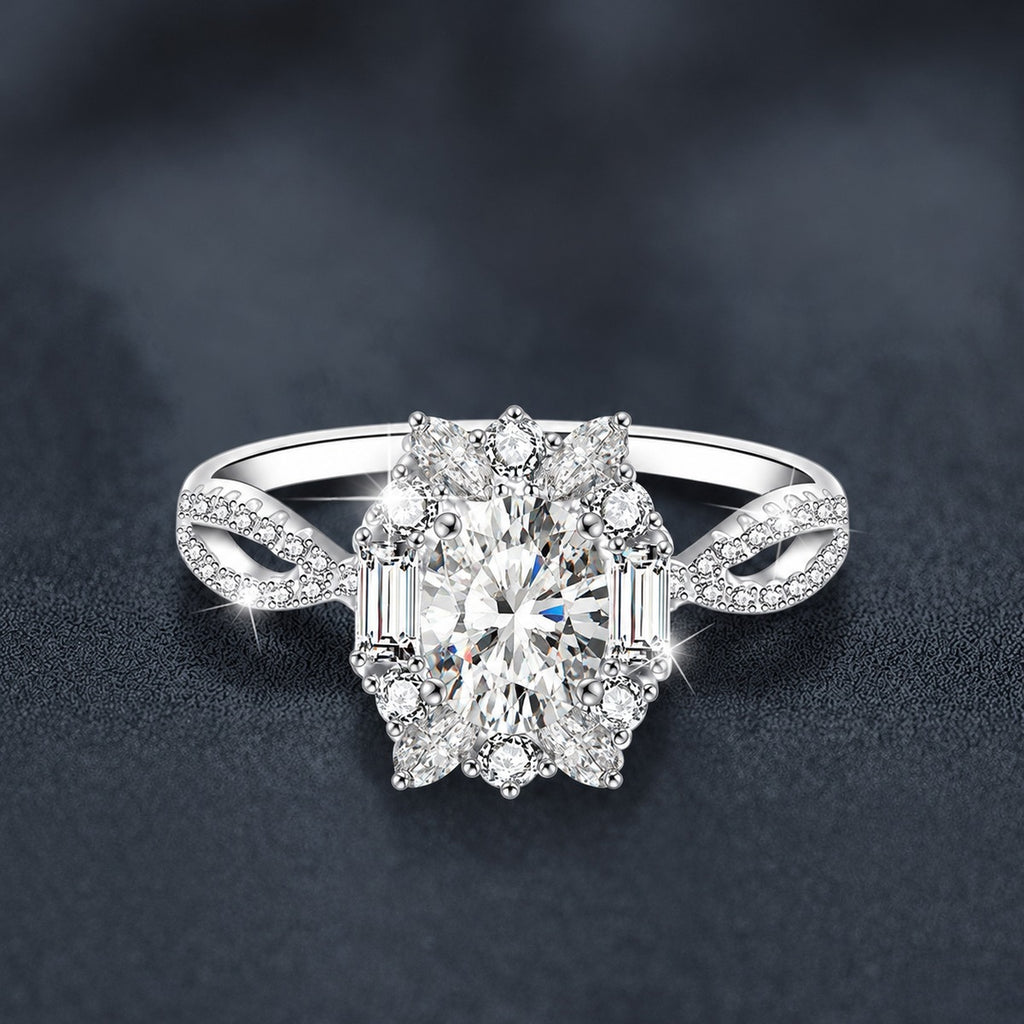 Oval Cut Moissanite Floral Engagement Ring with CZ close-up detail view with moissanite sparkle